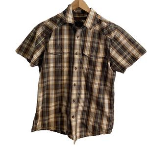 prAna button up shirt murdock slim fit men's size medium brown plaid